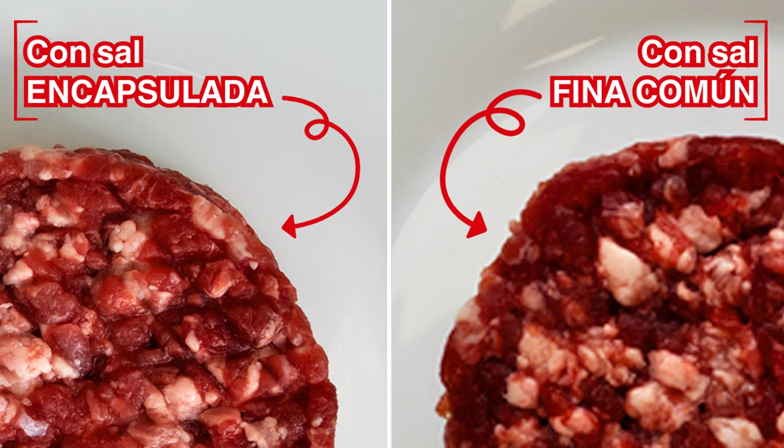 Una hamburguesa elaborada con el preprarado 062325 CP HAMBURGUESA FN C y otra hamburguesa elaborada con sal común