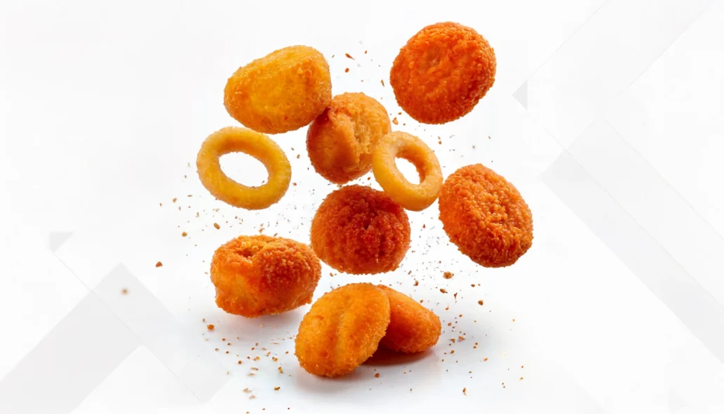 encolantes fuertes para la industria alimentaria. Unas croquetas y fritos empanados cayendo sobre una superficie blanca