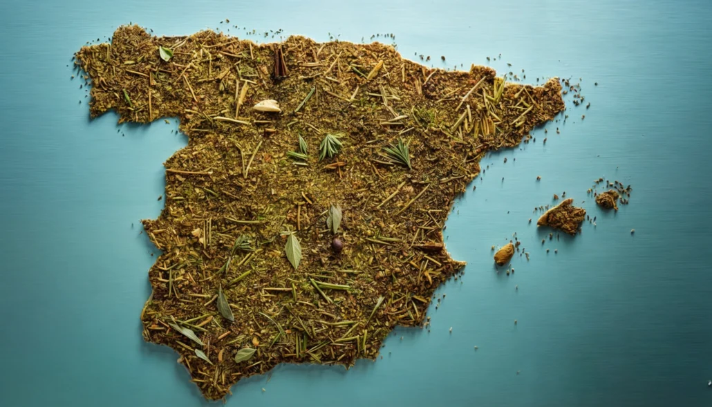 un mapa de España con hierbas deshidratadas
