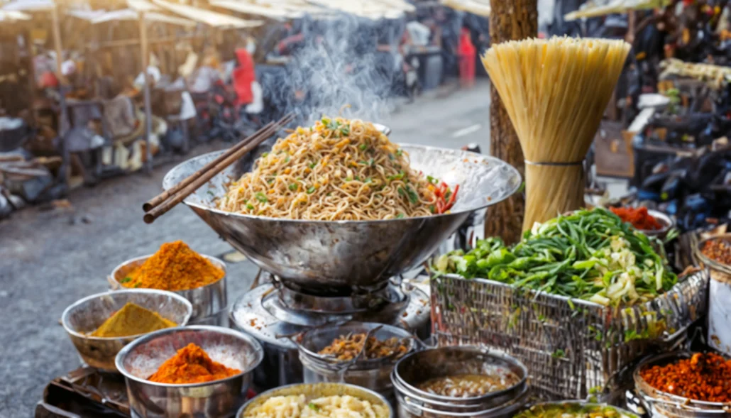 un puesto de comida callejera oriental con sazonadores