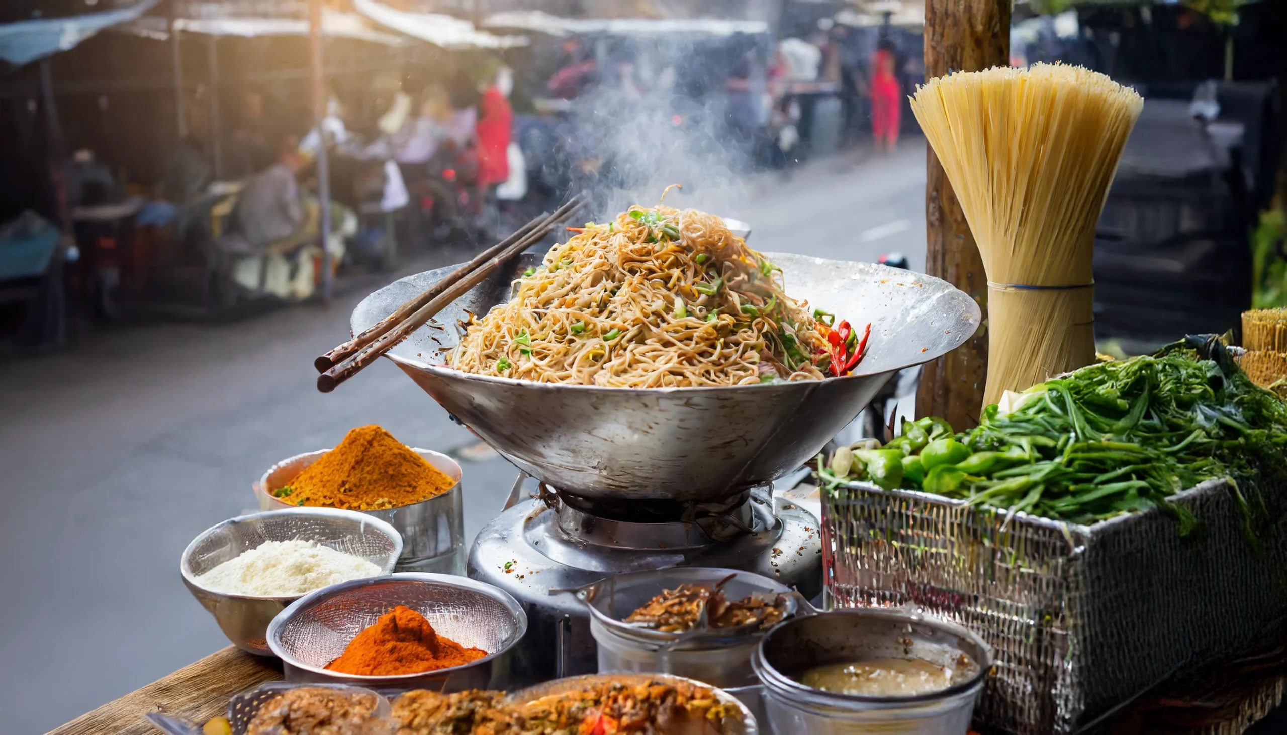 un puesto de comida callejera oriental con sazonadores