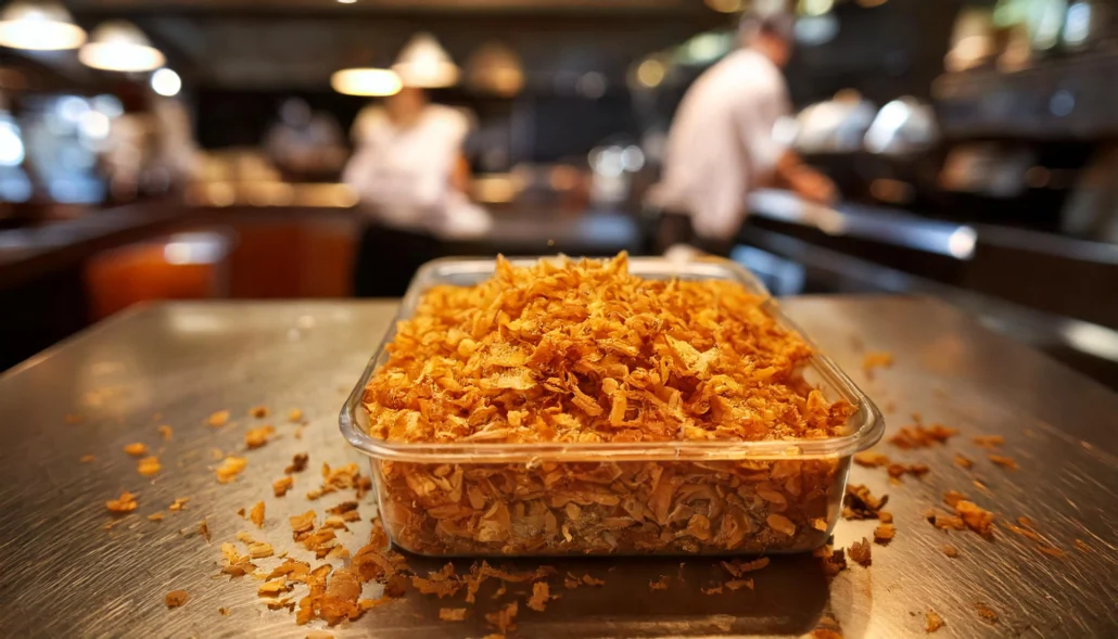 Una bandeja de cebolla frita crujiente utilizada en la cocina profesional