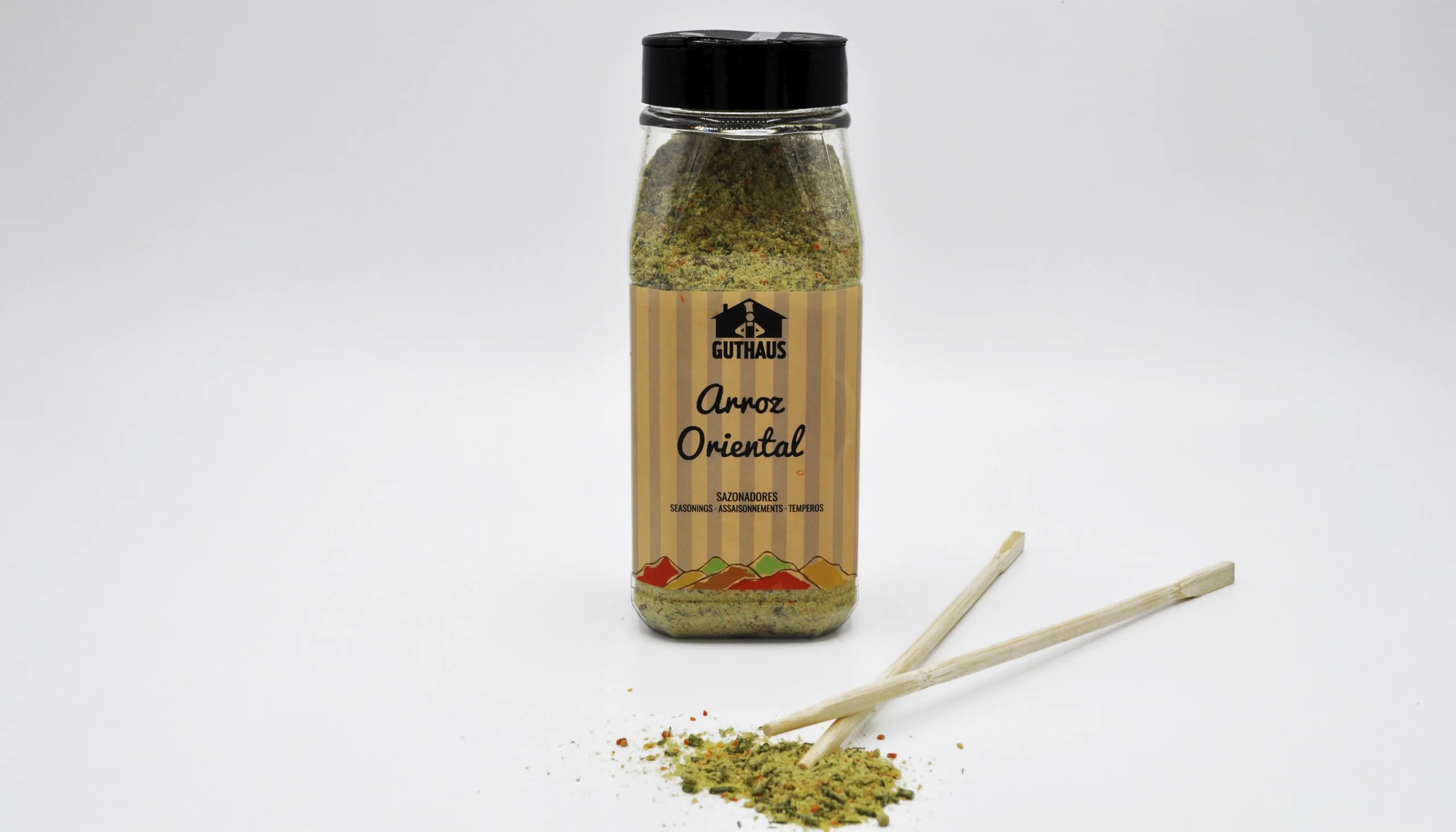un bote de sazonador arroz oriental de la marca Guthaus