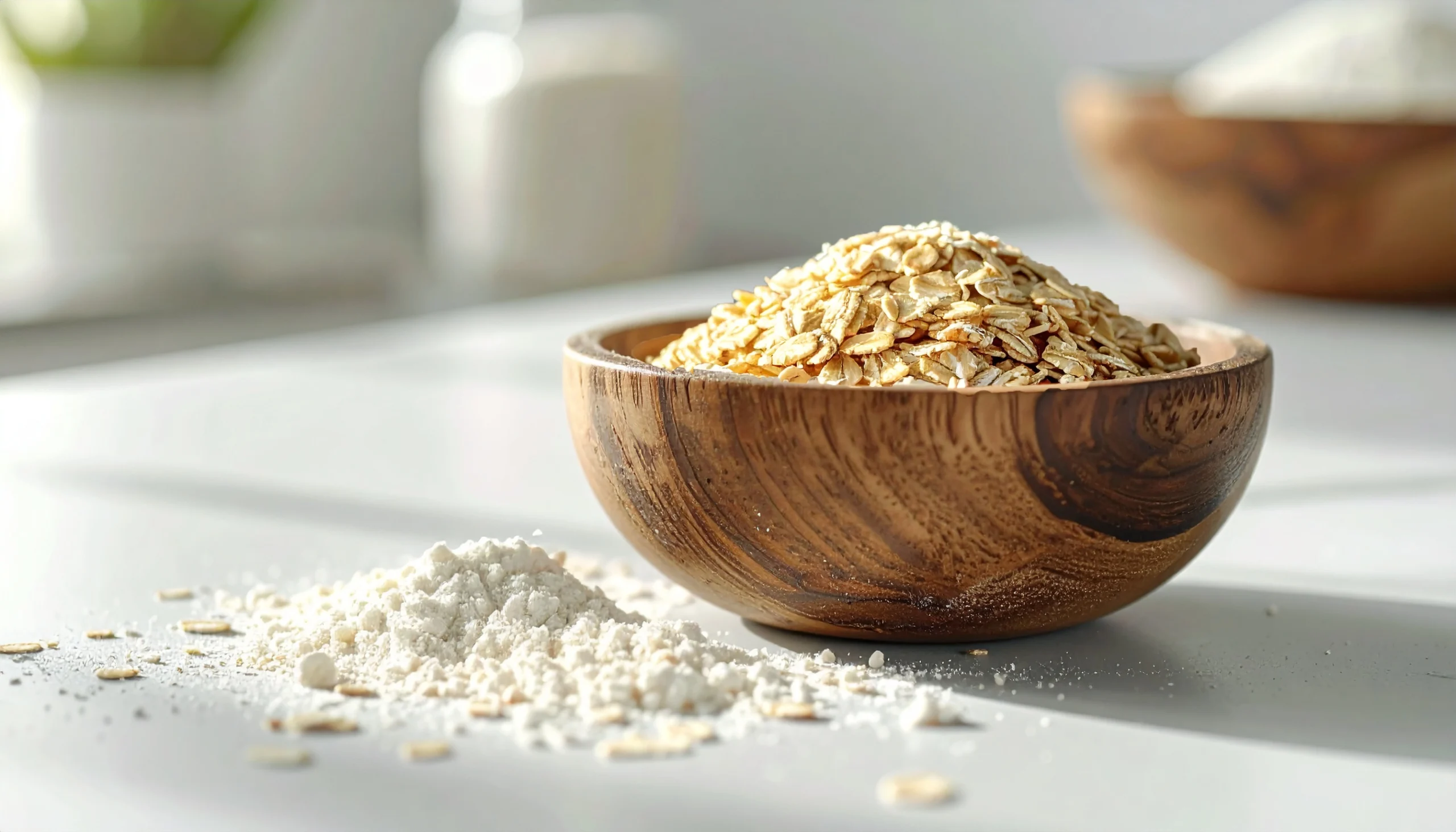 un bol de madera con avena en su interior. Alrededor de la mesa fibra de avena y avena.
