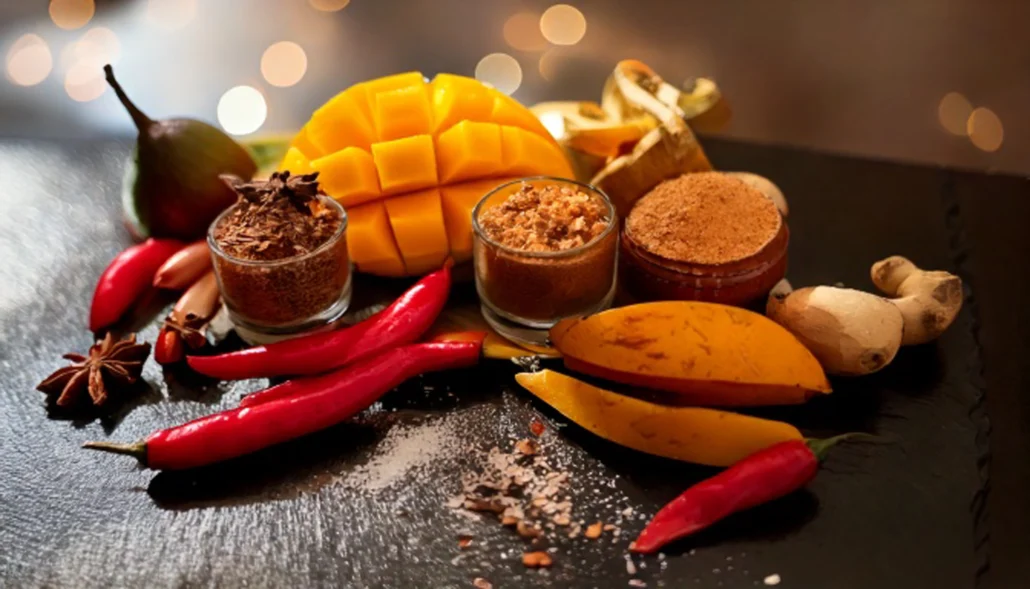 La imagen muestra una variedad de ingredientes vibrantes, como un mango partido por la mitad, un mango entero, chiles rojos y amarillos, un anís estrellado, raíz de jengibre y tres pequeños cuencos de cristal con especias, representando los nuevos sabores en tendencia.