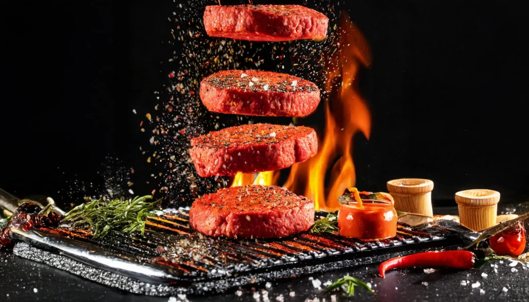 una barbacoa con hamburguesas crudas pertenecientes al grupo de productos cárnicos frescos