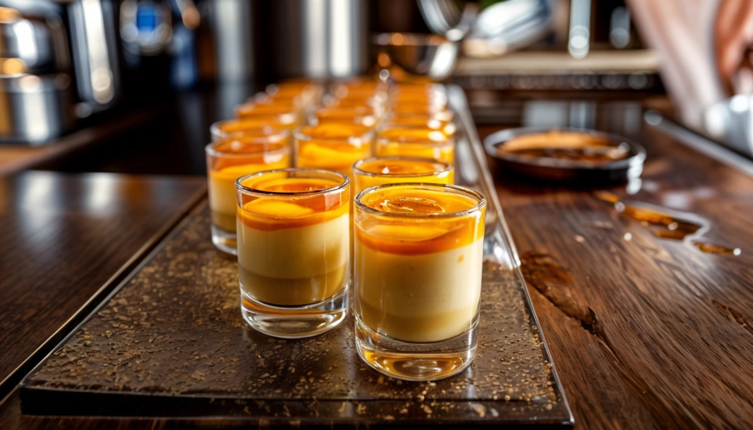 productos en polvo para postres. Una barra de un restaurante con flanes listos para servir