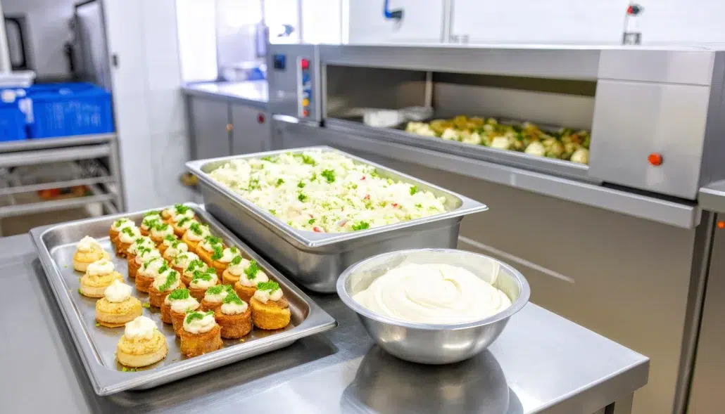 una cocina profesional con un bol de mayonesa congelable y bandejas de platos listas para congelar con mayonesa