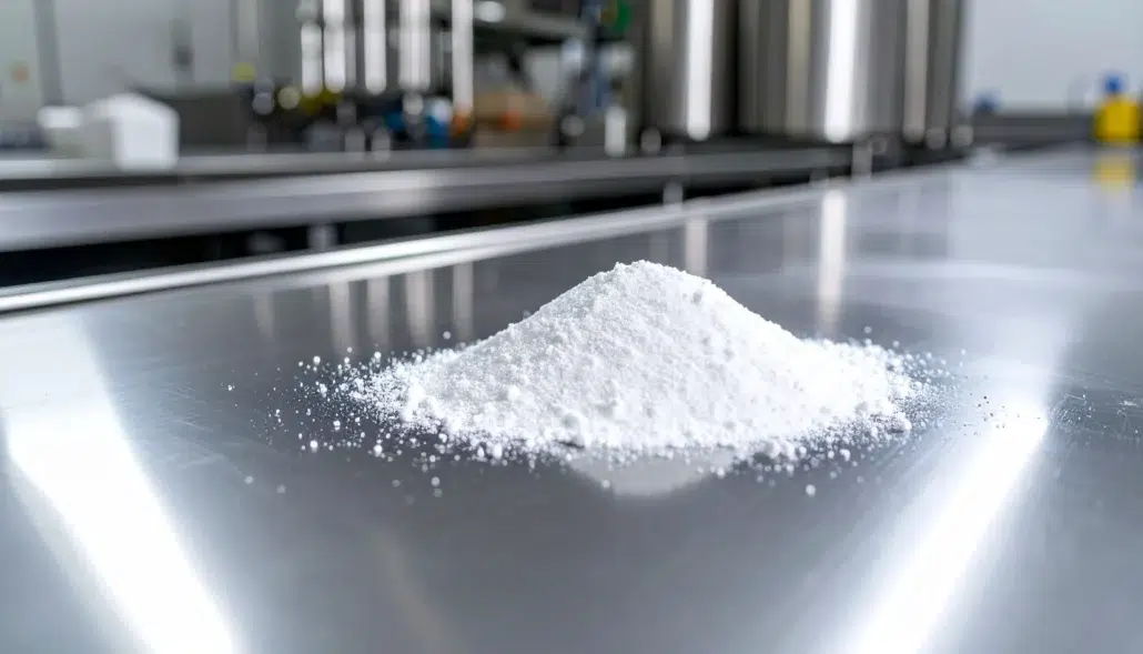 una encimera de acero inoxidable con una pila de celulosa en polvo