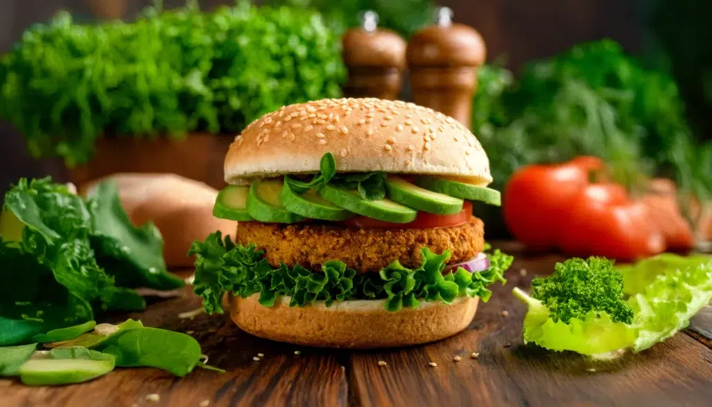 una hamburguesa vegetal en una mesa con ingredientes frescos vegetales. prohibición de términos cárnicos en productos vegetales