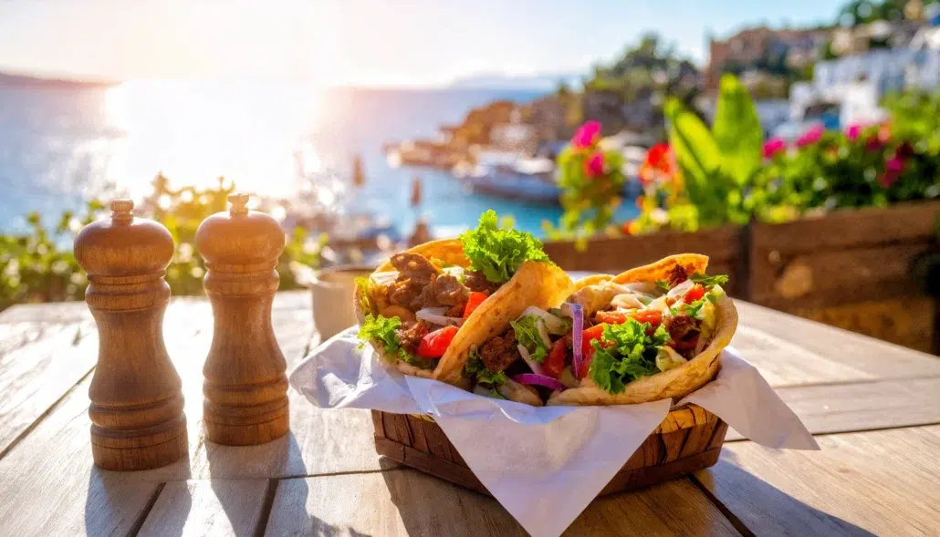 una mesa con un gyros condimentado con sazonadores mediterraneos