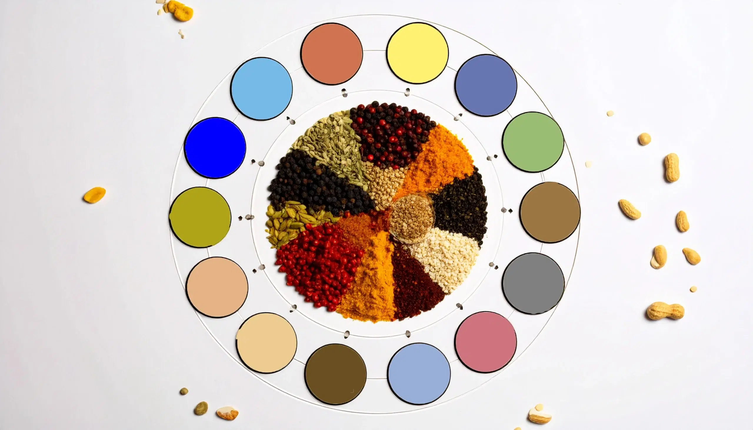 un cuadro con cicuclos de colores representando los 14 alergenos y especias