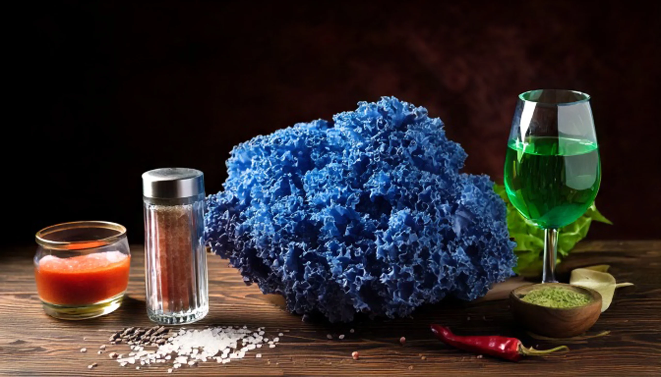 relación sabores y colores de los alimentos: una lechuga azul, un vino verde una sal de color roja