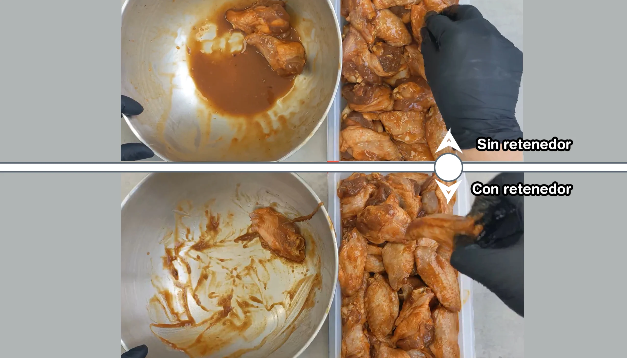 una prueba de un marinado de alitas de pollo empleando retenedor y sin retenedor de adobos