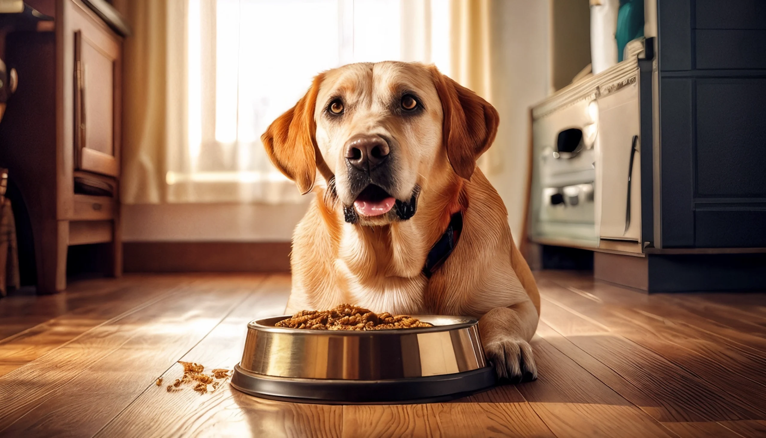 un perro labrador adulto comiendo pienso premium