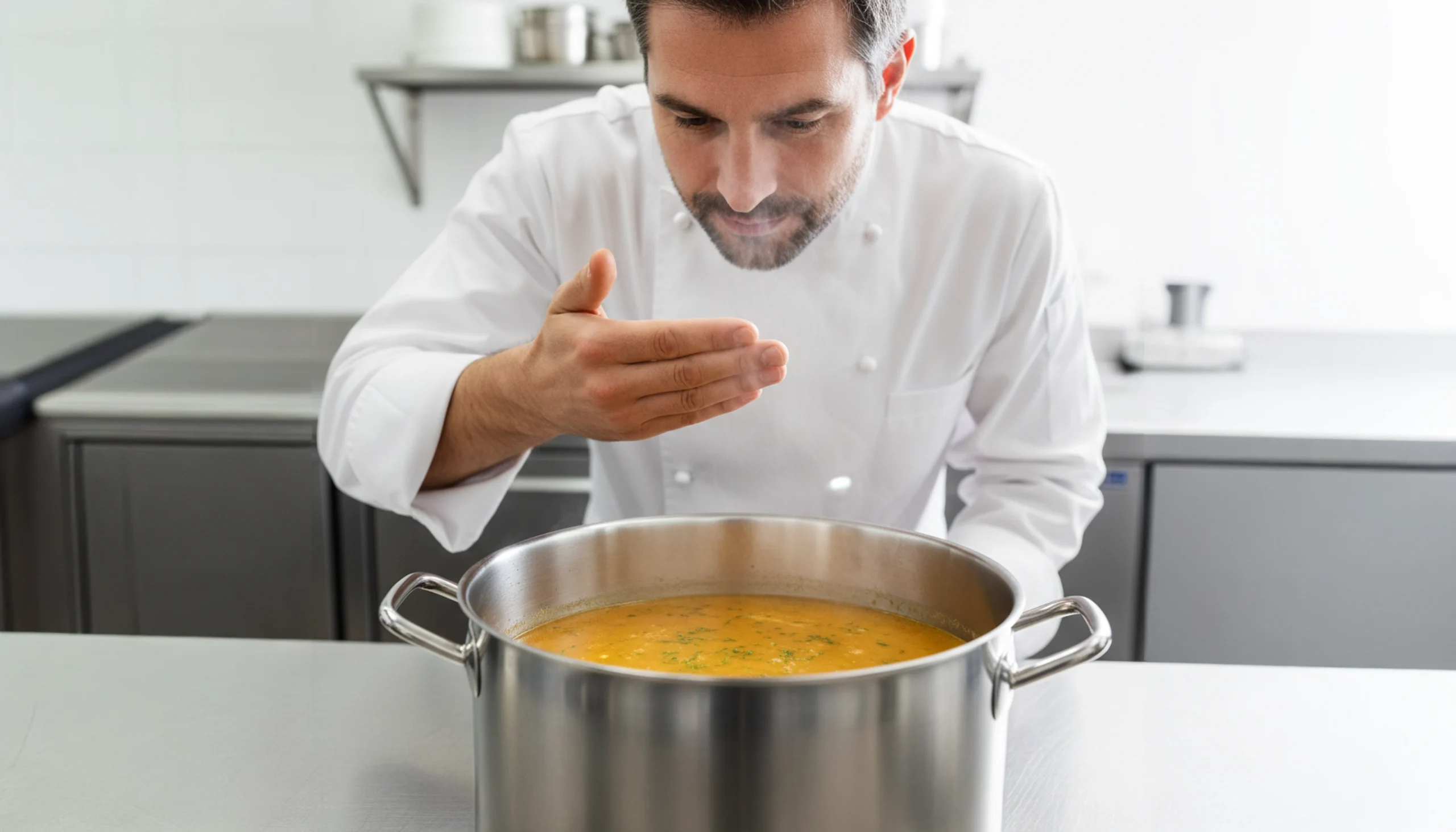 un chef apreciando los aromas de los caldos y cremas deshidratadas en una cocina profesional