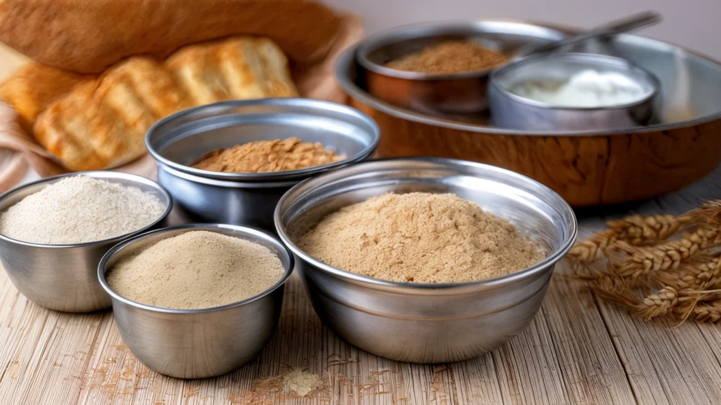 cuencos con ingredientes que muestran las diferentes granulometrías de las fibras vegetales