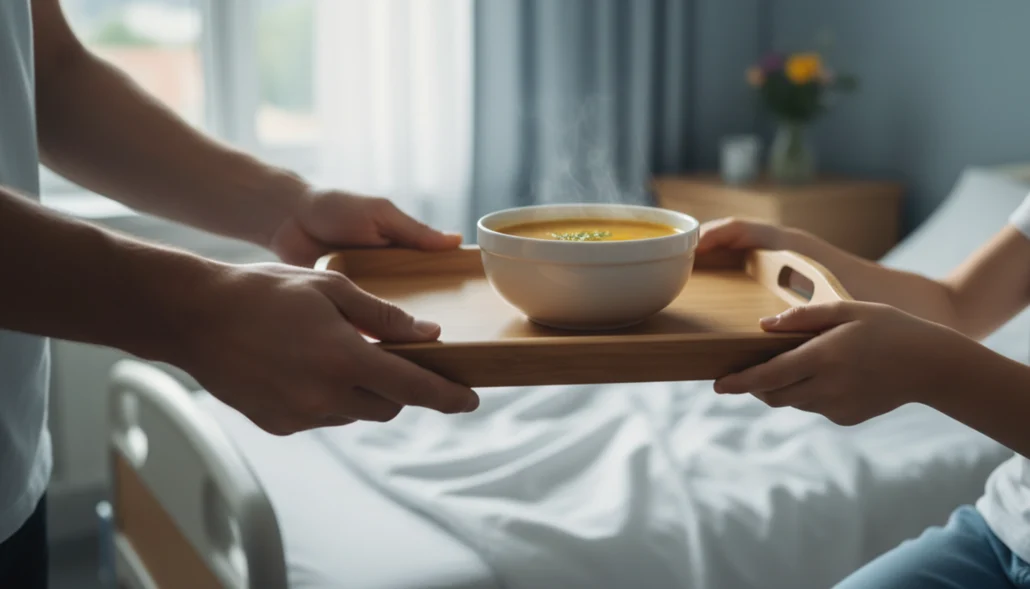 una bandeja con comida siendo entregada por una celadora en un hospital pedíatrico que muestran como los ultraprocesados son eliminados de la alimentación infantil