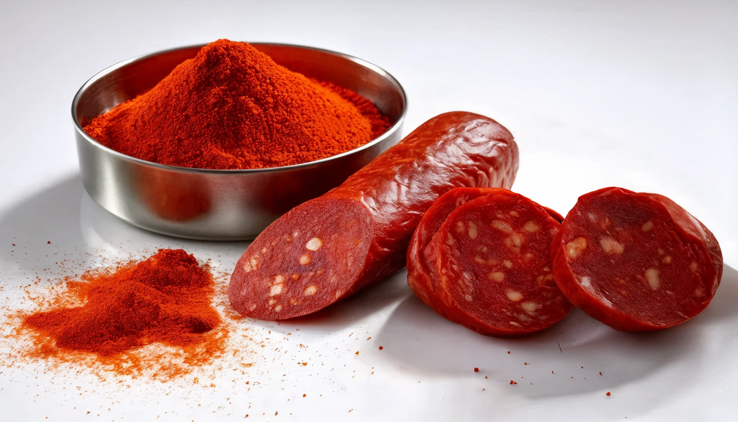 un chorizo con un cuenco de pimentón en polvo un colorante para la industria cárnica