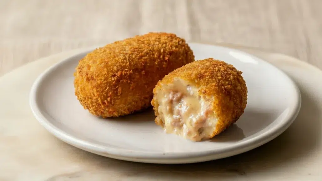 un plato con una croqueta de jamon entera y una cortada al medio