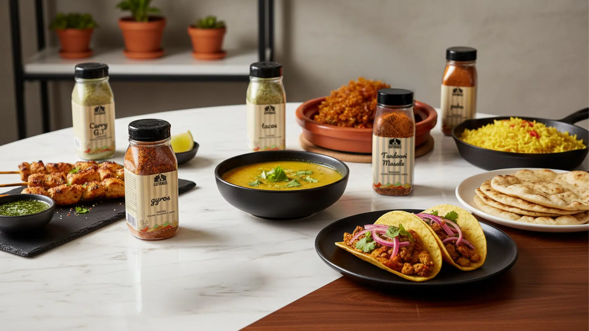 una mesa con comida etinca y diferentes sazonadores