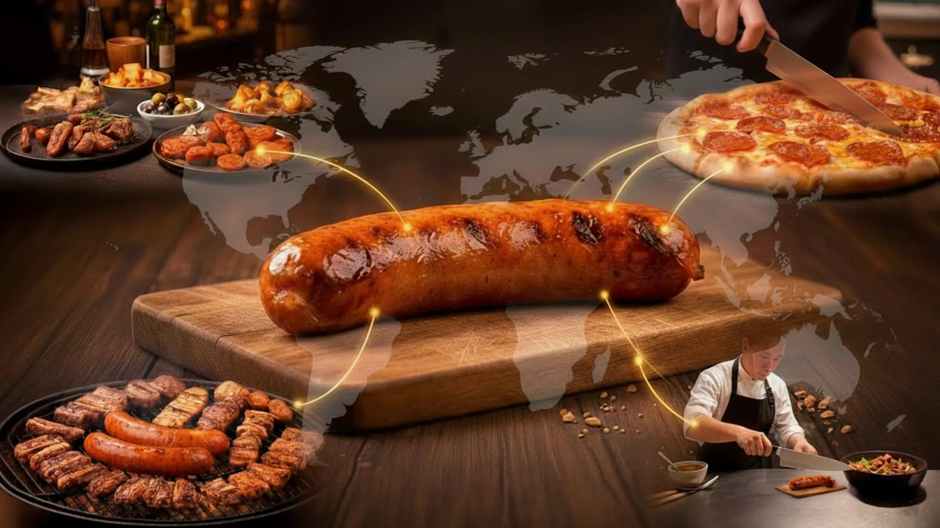 el impacto internacional del chorizo representado con una parrillada, tapas, una pizza y comida fusión