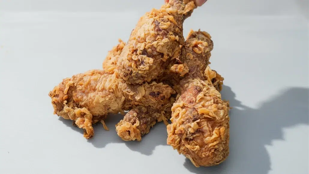 "Pollo frito crujiente con sazonador estilo Kentucky, mostrando un empanizado dorado y crujiente, con una iluminación que resalta su textura y sabor apetitoso."