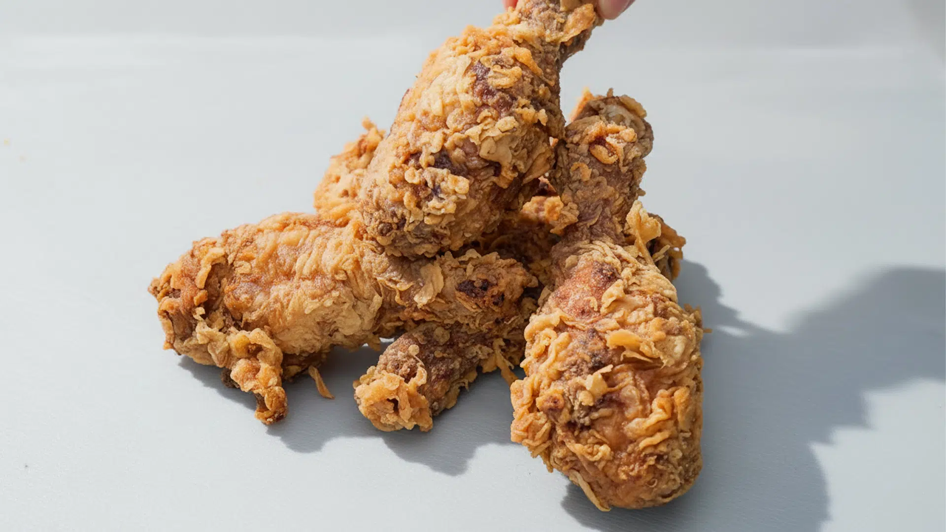 "Pollo frito crujiente con sazonador estilo Kentucky, mostrando un empanizado dorado y crujiente, con una iluminación que resalta su textura y sabor apetitoso."