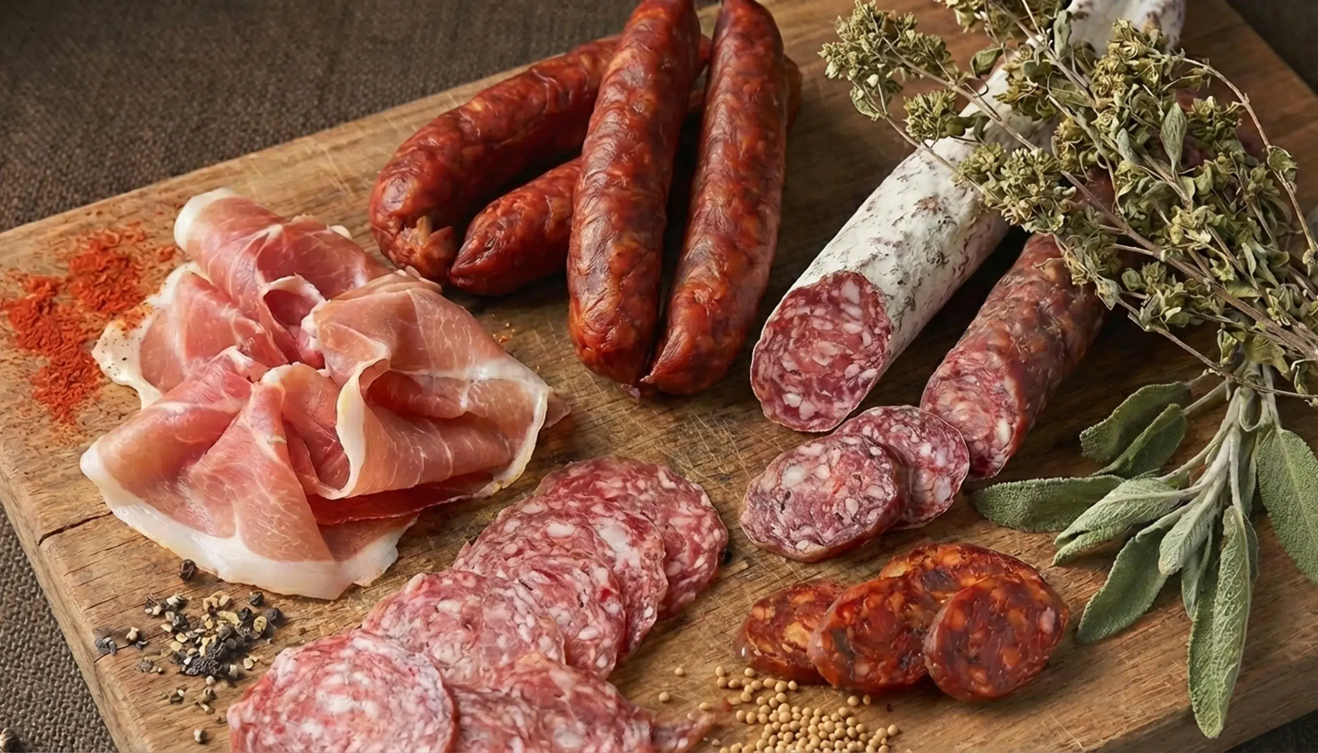 Embutidos variados (salchichas, chorizos, jamones) colocados de forma elegante y apetecible, rodeados de especias como pimentón, pimienta, granos de mostaza y hierbas deshidratadas como orégano y salvia.