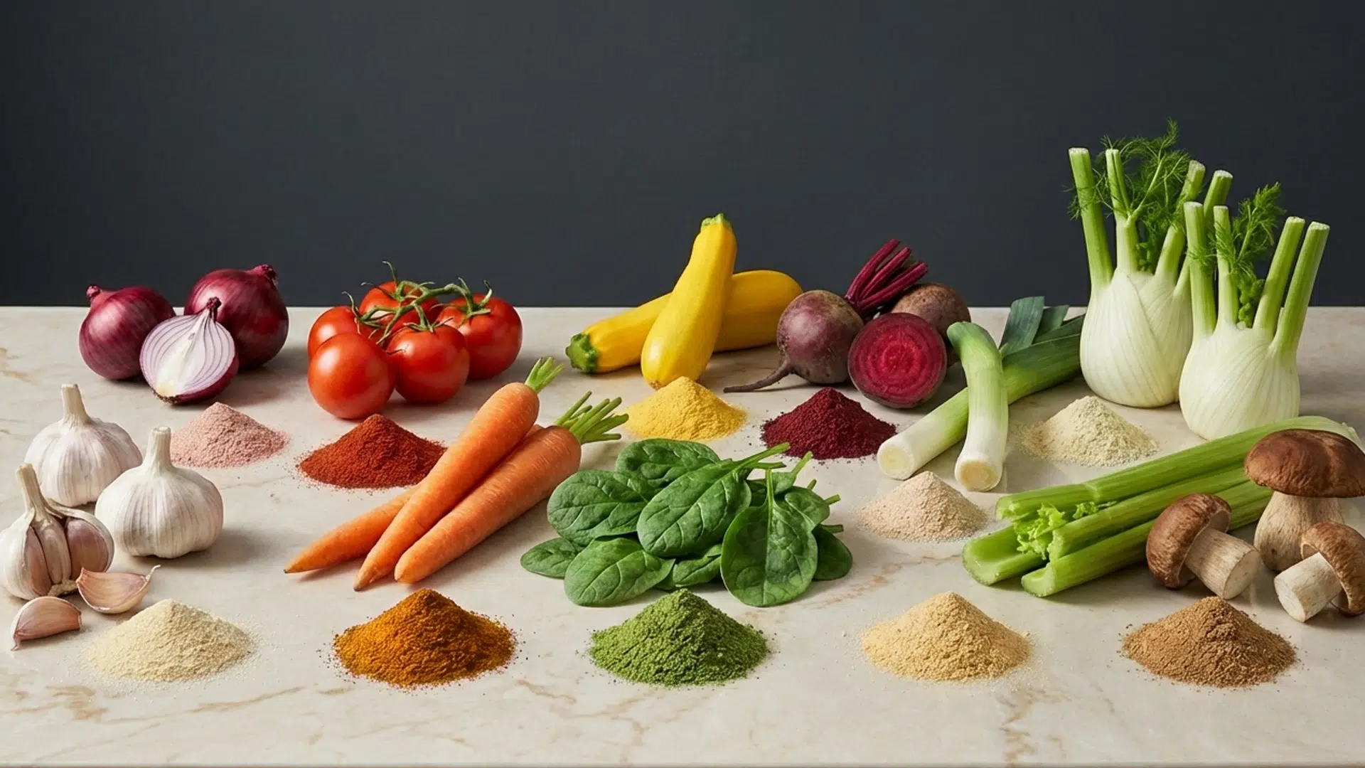 verduras frescas enteras y parcialmente cortadas (ajo, cebolla, tomate, zanahoria, espinaca, calabaza, remolacha, puerro, apio, hinojo y boletus), cada una acompañada por su versión vegetal en polvo formando montículos finos y definidos junto a cada vegetal.