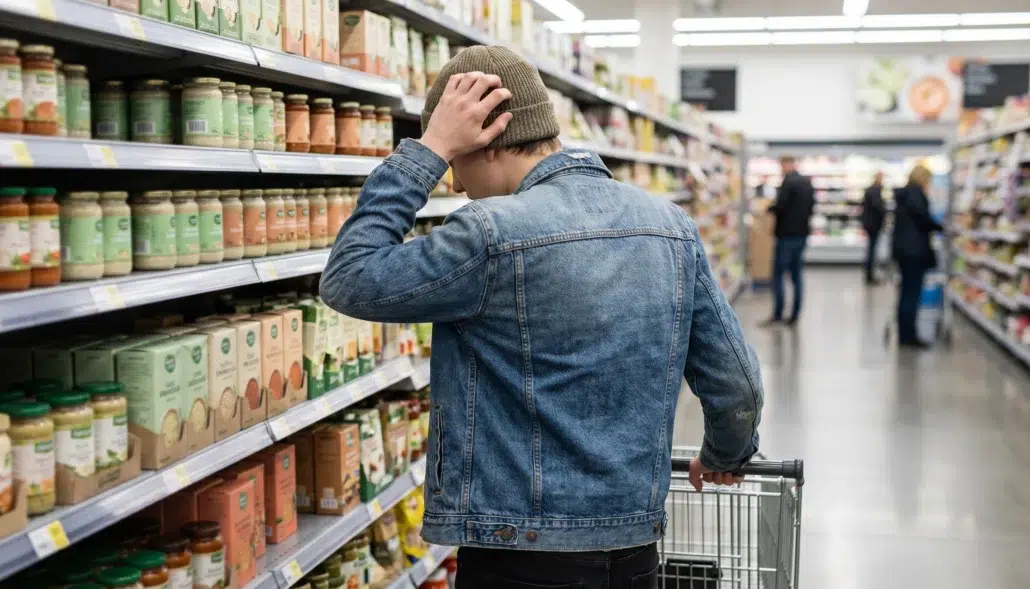 Vista de espaldas de una persona en un pasillo de supermercado, inclinada hacia una estantería mientras se rasca la cabeza con una mano en un gesto de indecisión. Con la otra mano sujeta un carrito de la compra metálico. La escena muestra una hilera de productos de alimentación con envases genéricos y coloridos, bajo una iluminación blanca y brillante de gran superficie comercial, capturando un momento cotidiano de duda durante la compra.