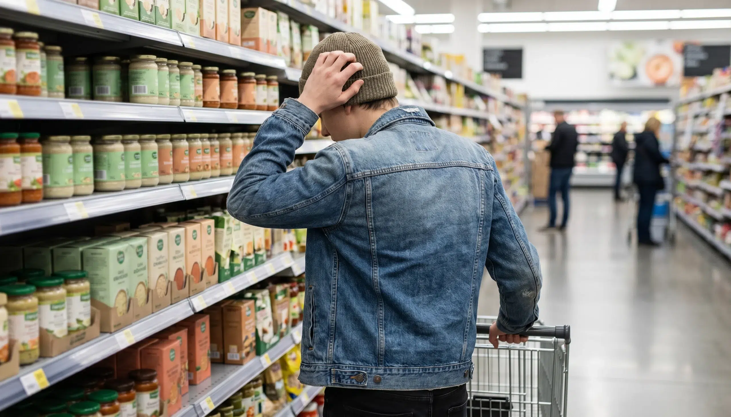 Vista de espaldas de una persona en un pasillo de supermercado, inclinada hacia una estantería mientras se rasca la cabeza con una mano en un gesto de indecisión. Con la otra mano sujeta un carrito de la compra metálico. La escena muestra una hilera de productos de alimentación con envases genéricos y coloridos, bajo una iluminación blanca y brillante de gran superficie comercial, capturando un momento cotidiano de duda durante la compra.
