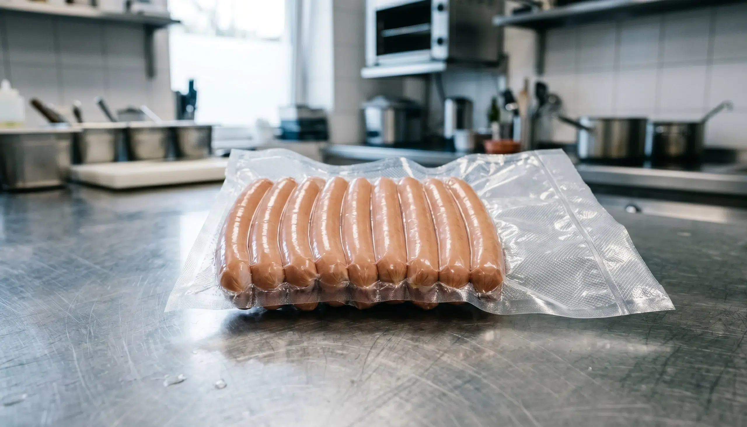 Cocina profesional realista, primer plano de salchichas dentro de una bolsa apta para congelación sobre una encimera de acero inoxidable