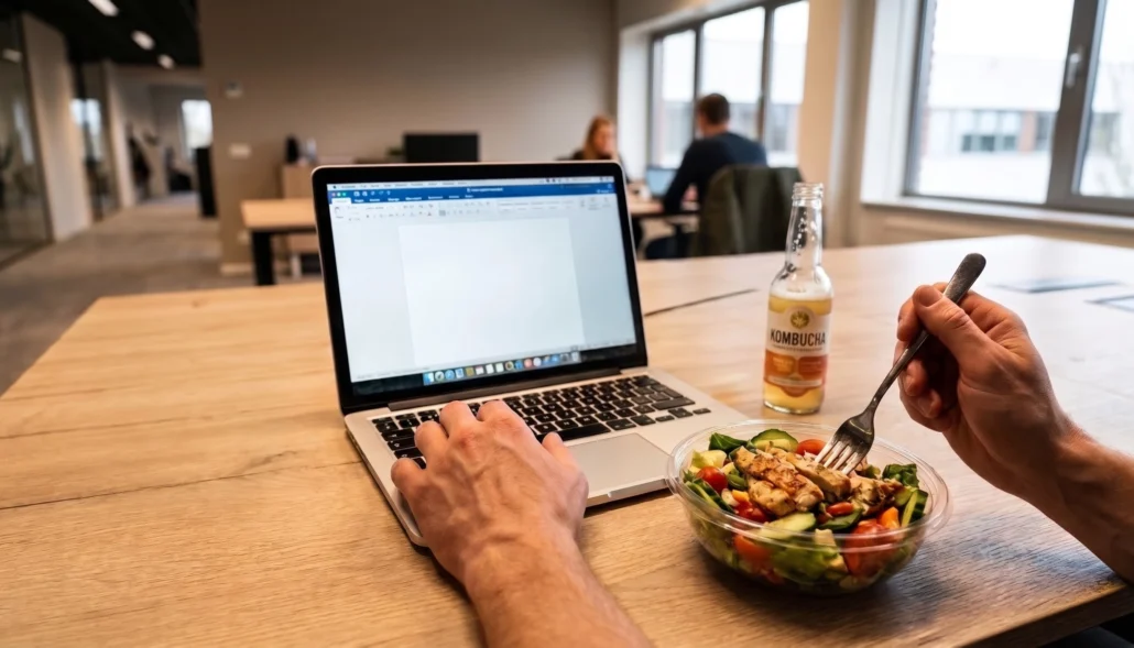 un ordenador en una mesa de coworking con una persona comiendo una ensalada y bebiendo una kombucha como parte del análisis tendencias alimentarias 2026