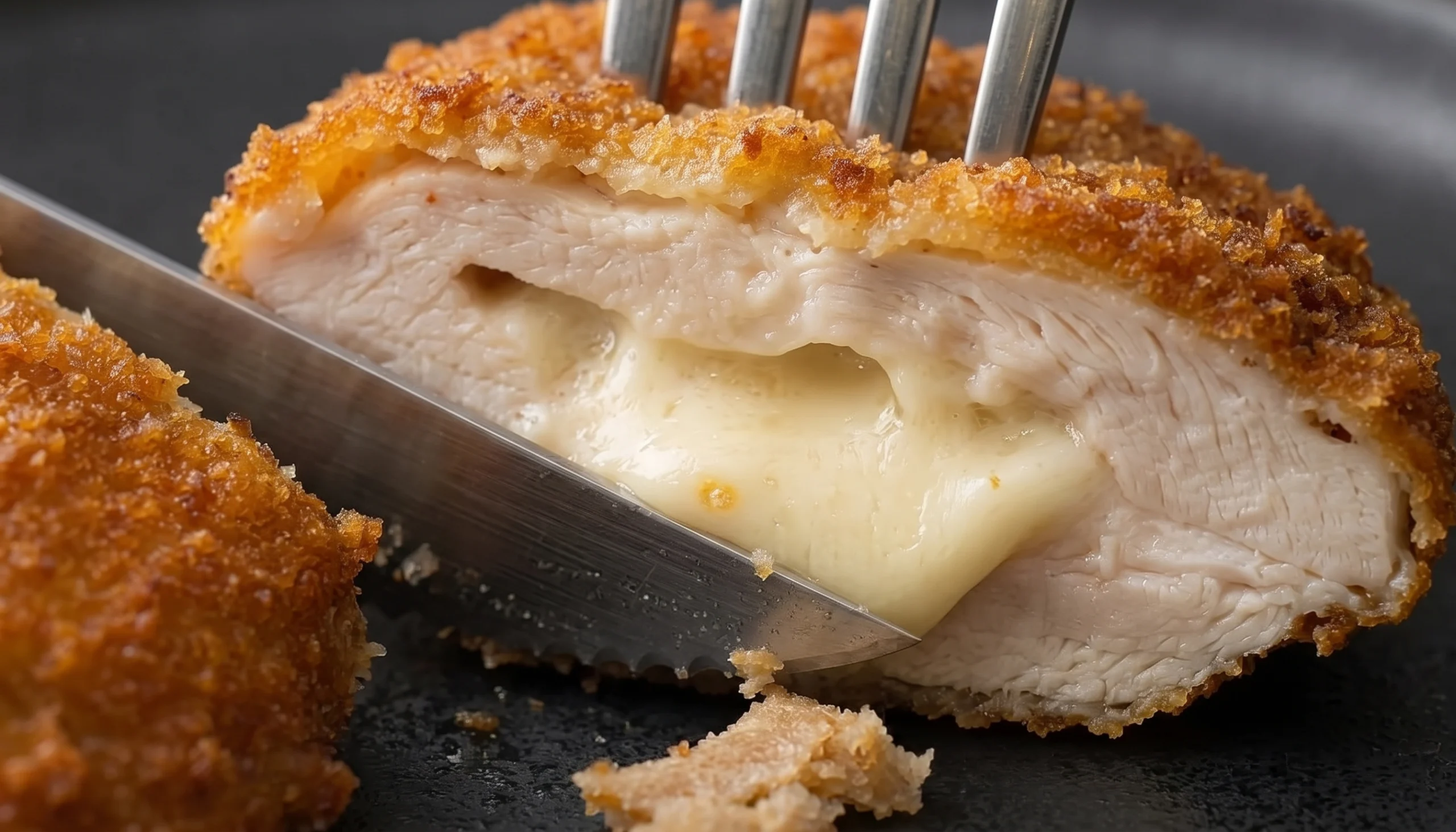 una pechuga rebozada rellena de queso brie.