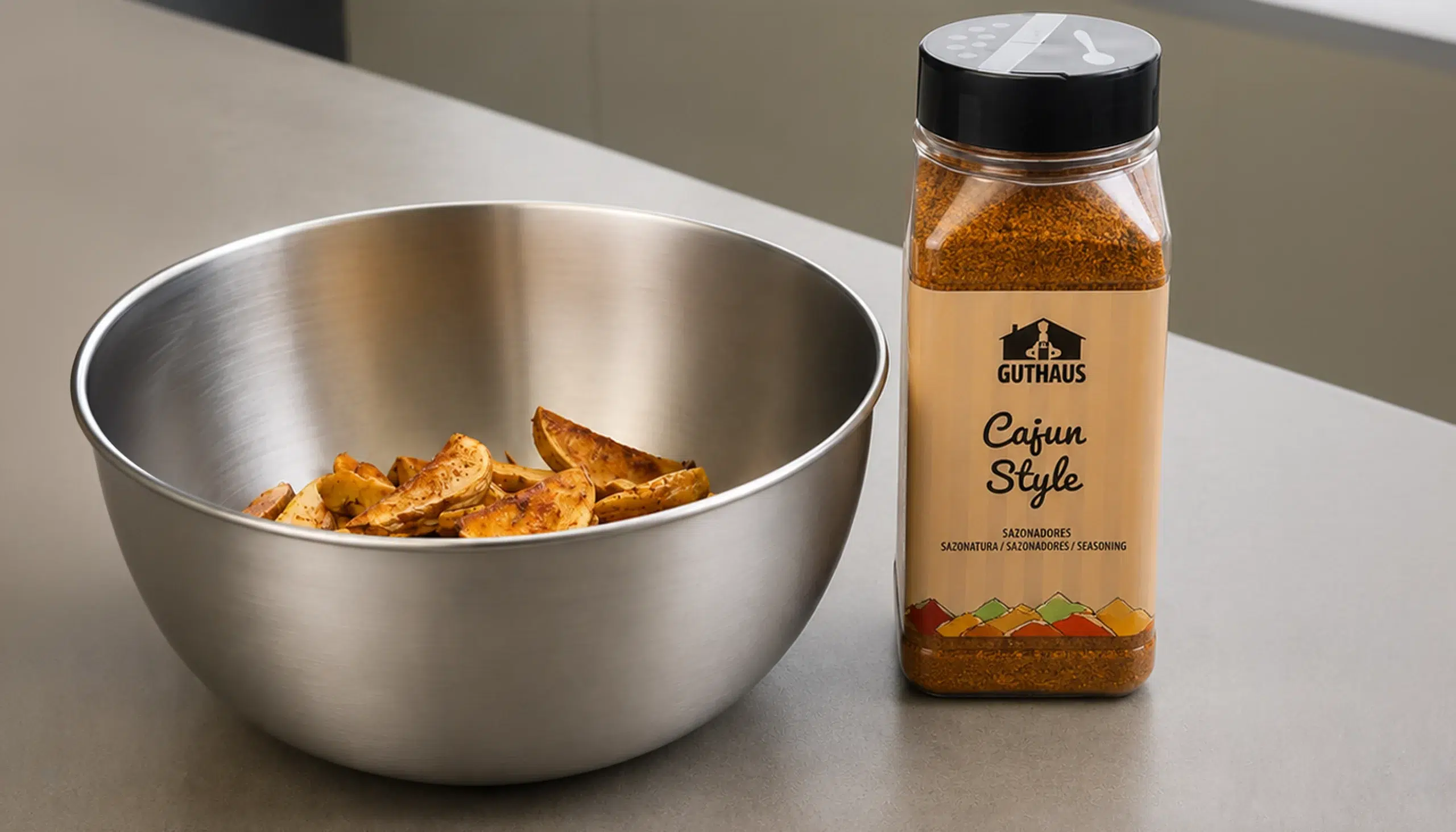 un bol de patatas sazonadas con sazonador cajun