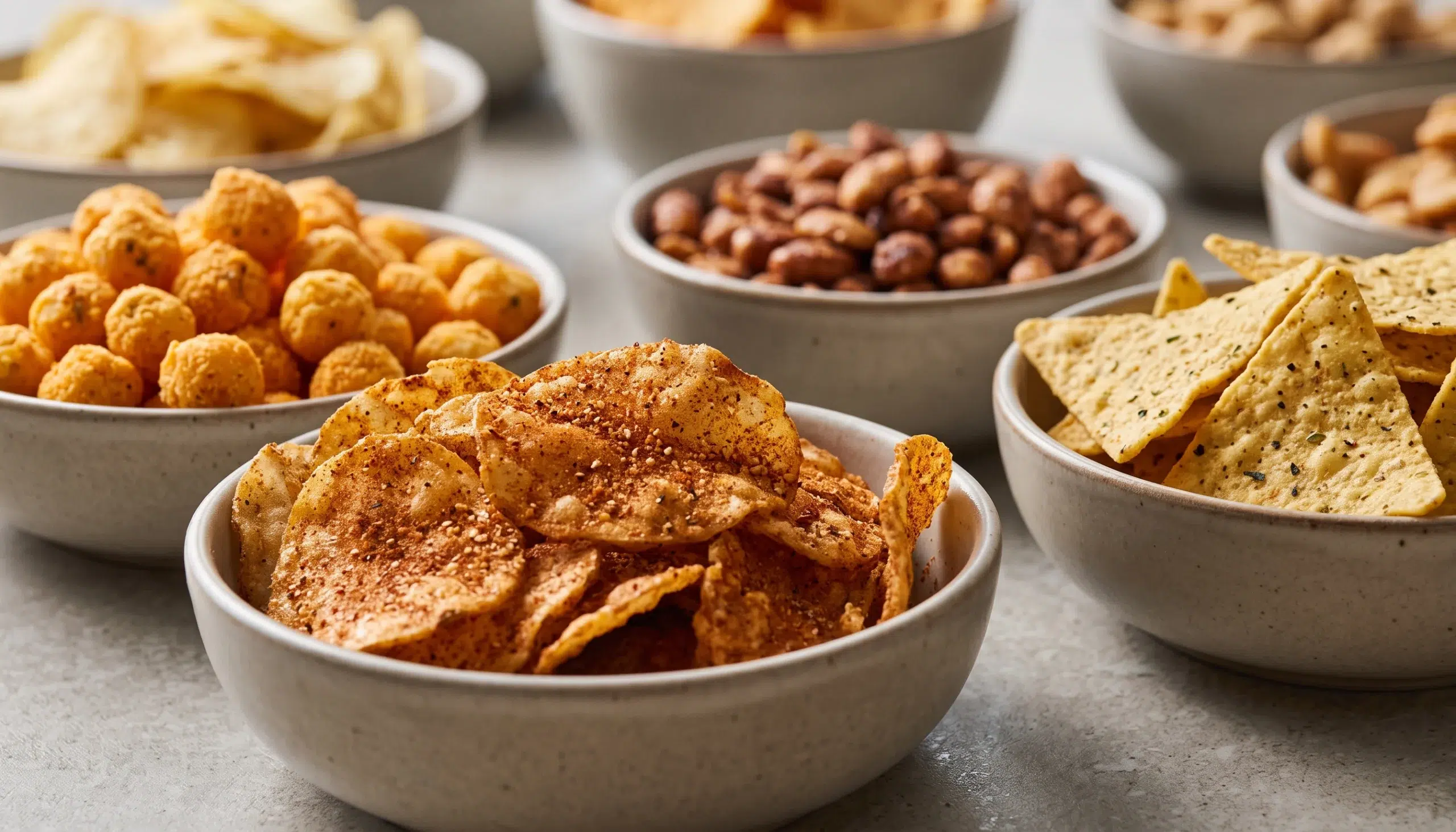 Primer plano de cuencos con aperitivos y patatas fritas cubiertos con sazonadores de especias sobre una mesa.